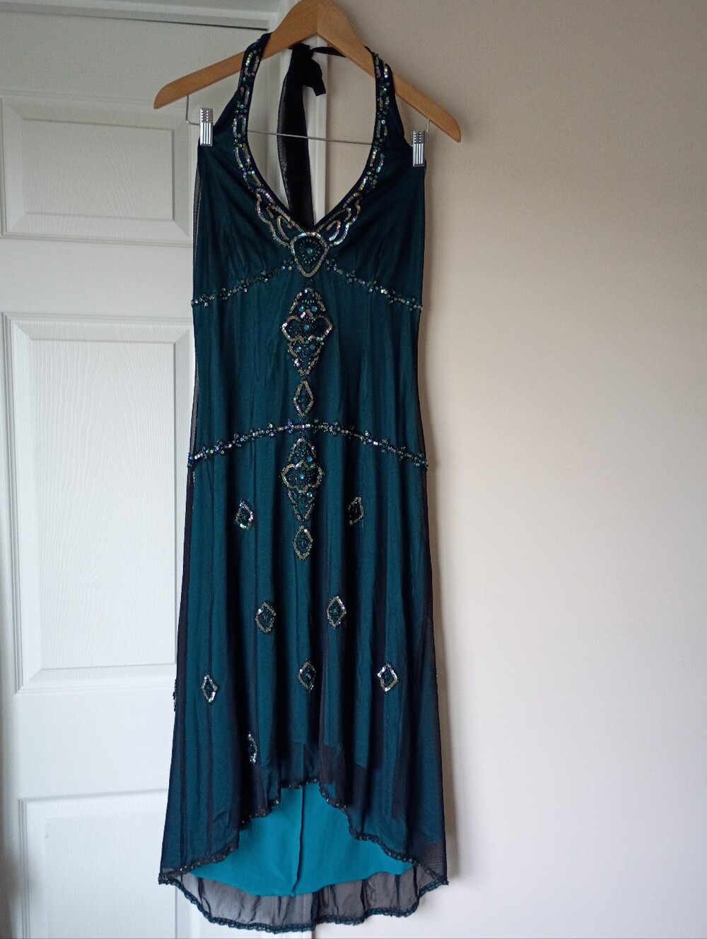 Y2k 90s ECI New York Rare Teal/Emerald  Beaded Halter Dress Size 8